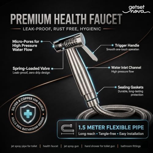 Image of Health Faucet Stainless Steel Handheld Bidet Sprayer with 1.5m Hose | Bathroom Hand Shower | Leakproof, Rust Resistant | Easy Installation. (Full Set Jet Spray)