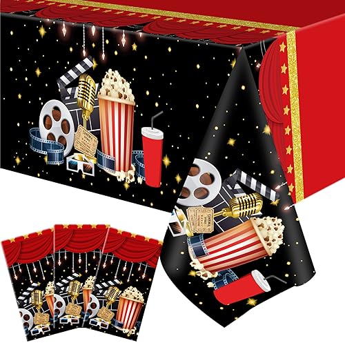 Buryeah 3 Pieces Movie Night Tablecloth Plastic Table Covers Movie Theater Table Cloth for Party Supplies Red Carpet Birthday Party Decor, 54 x 108 Inch