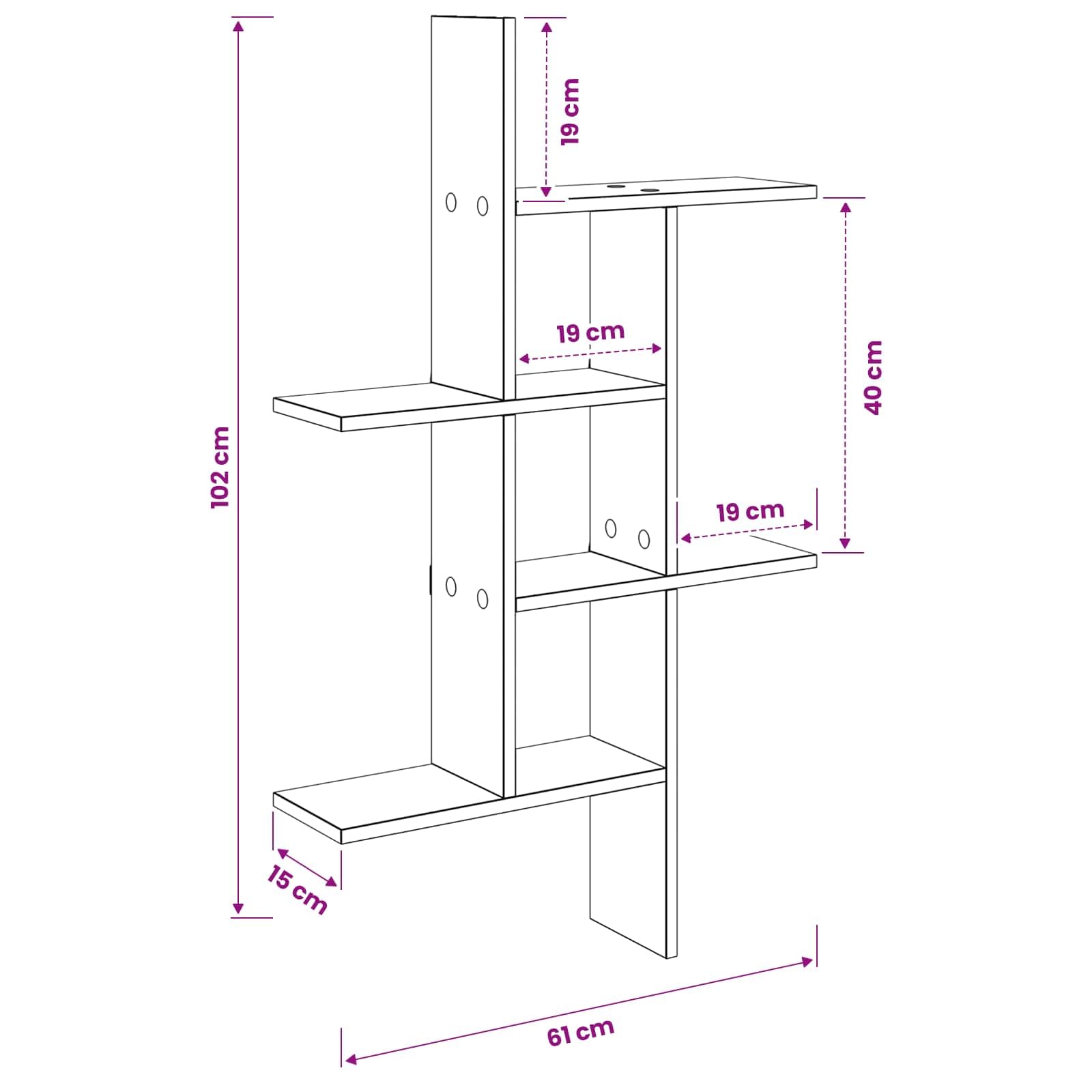 Scaffale da parete in legno di rovere, nero, 61 x 15 x 102 cm | Scaffale sospeso salvaspazio per soggiorno e camera da letto con 5 ripiani per una presentazione elegante delle decorazioni.