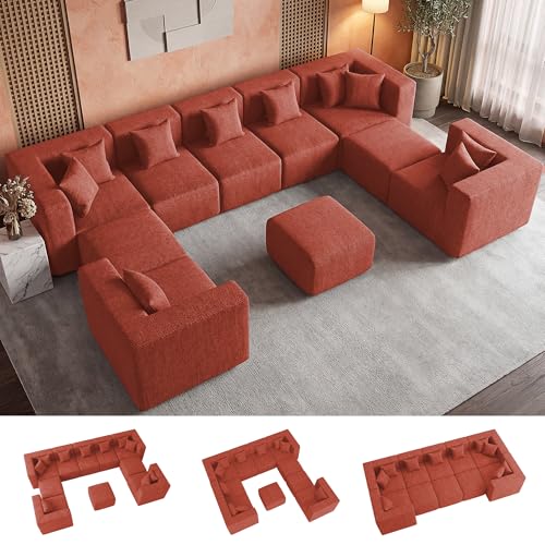 Image of MONVANE Modular Sectional Sofa, Oversized 10 Seat Convertible U Shaped Couch with Ottoman, Comfy Chenille Cloud Couch with Deep Seat, Sectional Couches for Living Room, No Assembly Required, Rust Red