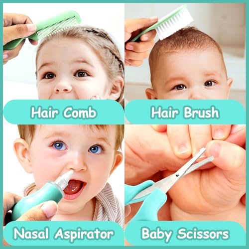 Baby Healthcare and Grooming Kit, 20 in 1 Portable Baby Safety Care Set with Hair Brush Comb Nasal Aspirator Electric Nail Trimmer Set Baby Essentials kit for Newborn Boys Girls (Green 20 in 1) - Image 5