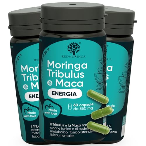 Tribulus Terrestris 90% Saponine Steroidee Maca Fieno Greco | T.BOOST Integratore Energia con Moringa BIO | Sostegno Massa Muscolare | Tribulus Alto Dosaggio | 100% Naturale | RedMoringa 180 Capsule
