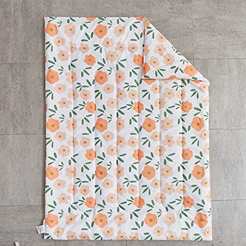 4 Pieces White Girls Toddler Bedding Set Orange Floral Style - Includes Adorable Quilted Flower Comforter, Green Plaid Fitted Sheet, Top Sheet, And Pillow Case For Girls Bed #TOP6