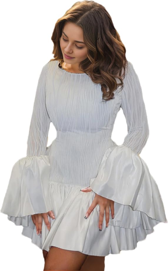 Amazon.com: LOUSEA Women's Ruffle Mini Dress White Cocktail Dress Slim Fit Bell  Sleeve Dresses Crewneck Summer Short Dress (US, Alpha, Small, Regular,  Regular, White) : Clothing, Shoes & Jewelry