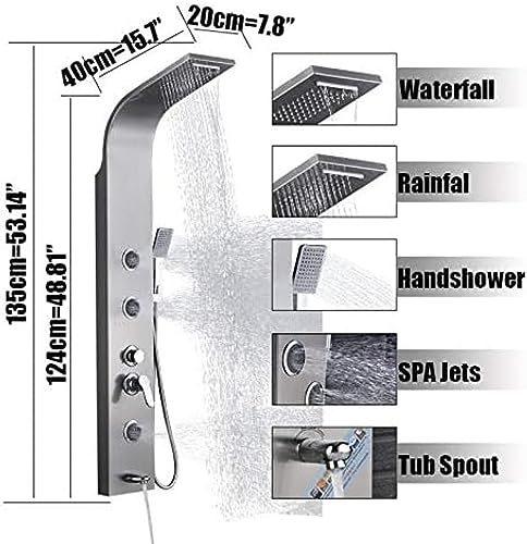 Columna de Ducha para Baño en Acero Inoxidable con Panel de Lluvia, Cascada y Chorros de Hidromasaje, Control Dual, Acabado Cepillado en Níquel miniatura 7