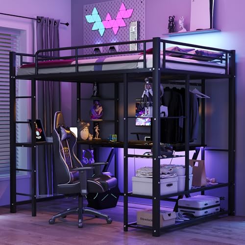 Dolamaní - Letto a soppalco 140x200 cm con scrivania e scaffale per adolescenti e adulti, capacità di carico 120 kg, letto in metallo con rete a doghe stabile e area di appendere aperta, Nero