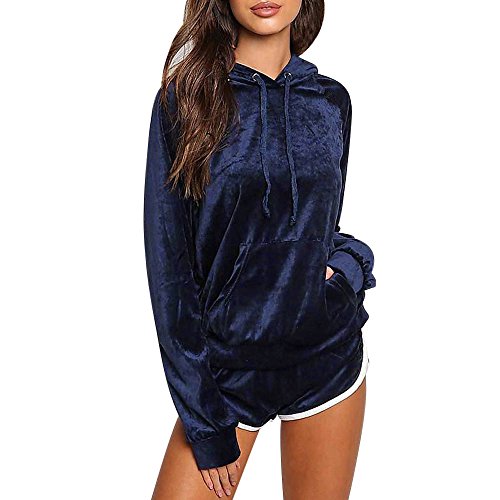 Women's Vintage Velvet Long Sleeve Hoodie Sweatshirt and Shorts Pajama Sets 2 Pieces Tracksuits Set (M, Blue)