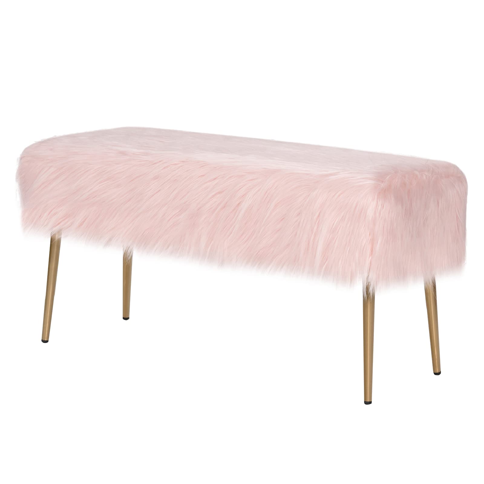 Multigot Faux Fur Ottoman Bench, Makeup Vanity Seat Stool with Golden Legs, Soft Upholstery Rectangular Footrest for Living Room Bedroom Entryway (Pink)