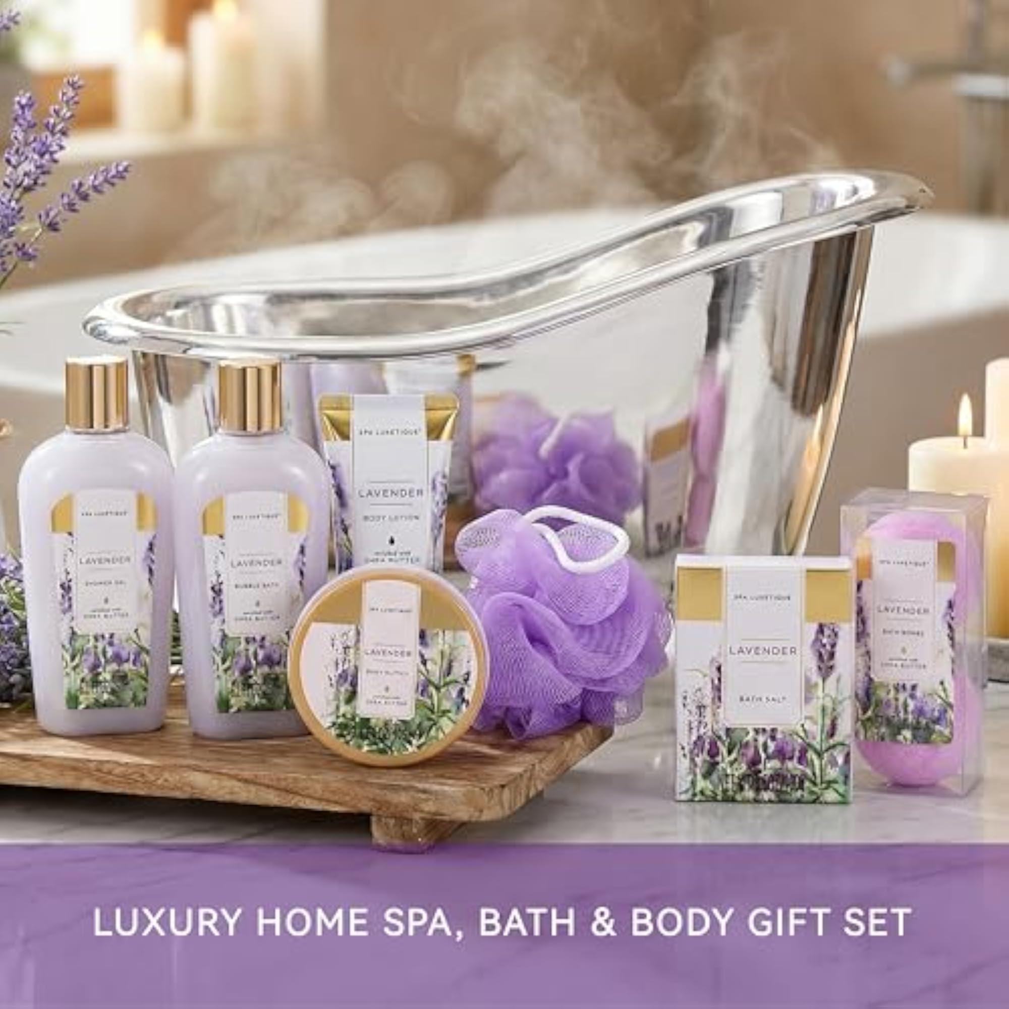 Luxurious Lavender Gift Basket, 8Pc Spa Set for Women