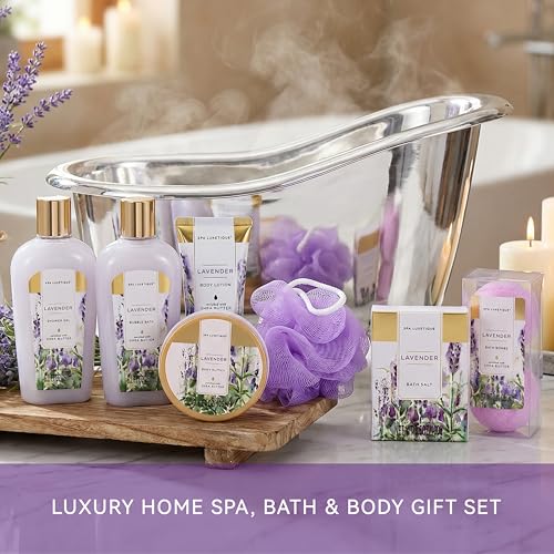 Image of spa luxetique Spa Gift Baskets for Women, 8 Pcs Lavender Lotion Set with Bubble Bath, Shower Gel, Birthday Anniversary Self Care Kit for Her, Christmas Gifts for Mom