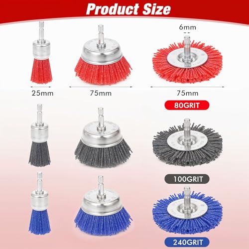Image of 9 Pack Nylon Filament Brush, Abrasive Wire Brush Wheel & Cup Brush Set, Drill Bit Sanding Brush with 1 /4 inch Hex Shank for Steel Rust Removing, Grill Cleaning, Flaking Paint Refinishing