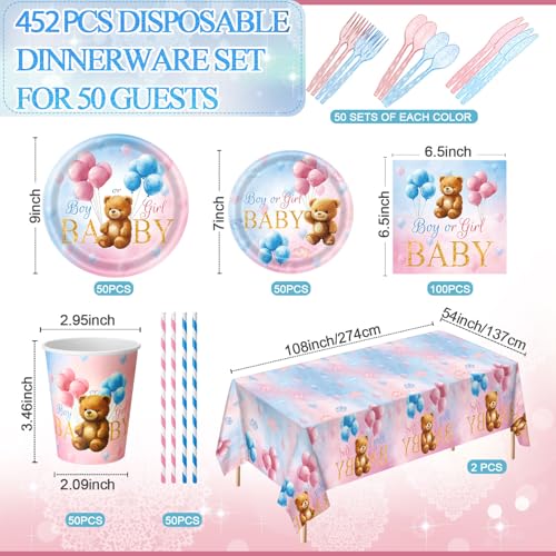 Image of Funnymoom 452 Pcs Bear Themed Gender Reveal Party Decorations for 50, Boy or Girl Gender Reveal Paper Plates Napkins Cups Tablecloth Cutlery Straws for Pink Blue Baby Shower Party Supplies