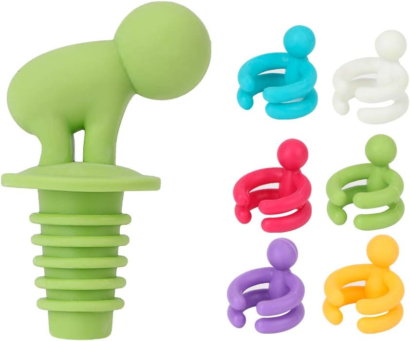 7 Pcs/Set Creative Silicone Small Drunkard Champagne Wine Bottle Stopper with Wine Glass Cup Marker Set Novelty Party Accessories