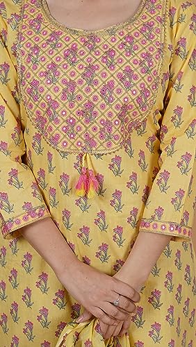 Image of MEERA FAB Women's Cotton Printed Green Printed Straight Embroidery Kurta with Palazzo & Dupatta Set