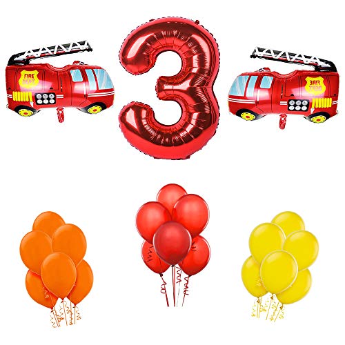 Third Birthday Fire Truck Theme Balloons with 2 Fire Truck 40" Foil Balloons, 12" Latex Red, Yellow and Orange Balloons and 40" Red Number 3 Balloon. Total 39ct