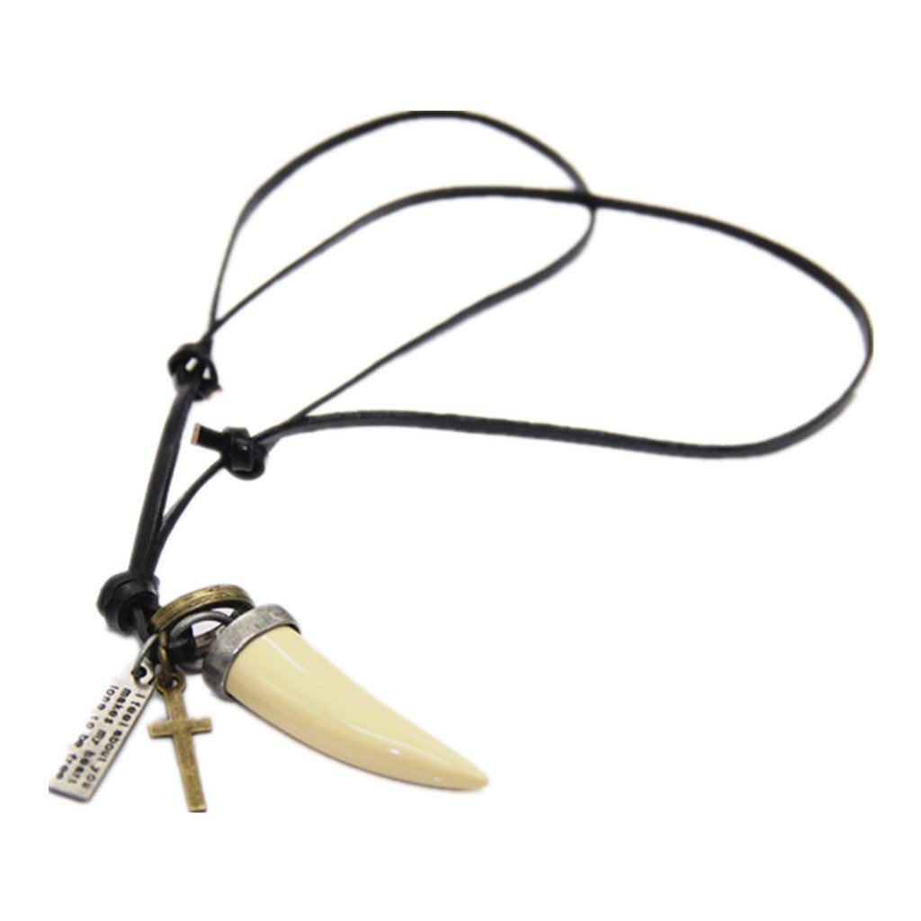 P Prettyia Hombres Chic Animal Largo Diente Negro con Cruz Colgante Collar de Cuerda de Cuero PU - Beige