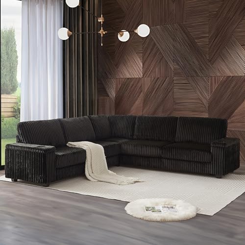 Image of L Shaped Couches for Living Room, Oversized Modular Sectional Sofa with Armrest Storage, USB Ports and Cup Holders, 5 Seats Corduroy Couch for Living Room, Bedroom and Apartment, Matte Black