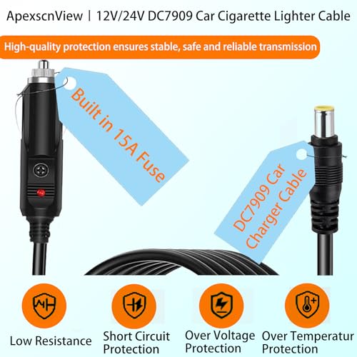 Image of 16.4 FT Car Charger Cable, 12V /24V DC7909 Car Cigarette Lighter Cable Compatible with BLUETTI /ExpertPower /Westinghouse Portable Power Station,16AWG 8mm DC Power Cord with 15A Fuse (16.4FT, DC7909)