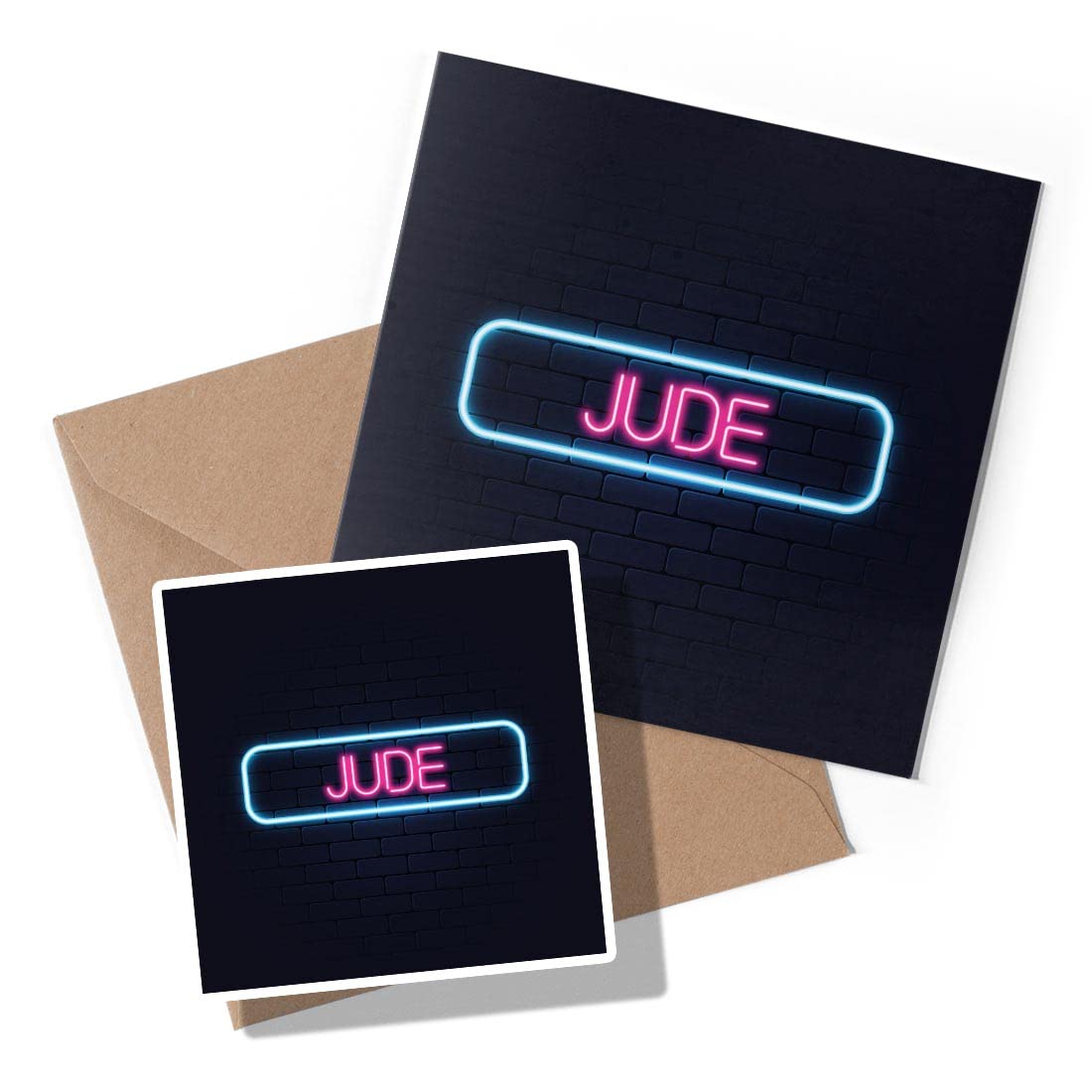 1 x Greeting Card & Sticker Set - Neon Sign Design Jude Name - Birthday Thank You Friend Lover Fan Mum Dad Kids #352094