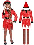 Geyoga 6 Pack Christmas Elf Costumes for Kids Girls Christmas Outfits Include Dress Hat Belt Socks Accessories Cosplay(Medium)