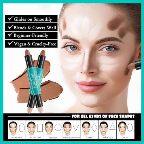 2pcs Cream Contour Stick,Dual-Ended 2 in 1 Makeup Shading Contour Concealer Highlighter Stick/Double Head Highlighter & Bronzer Contour Pen Make Up Tool All-Day Wear Sculpts Smooth Body Face - Image 5