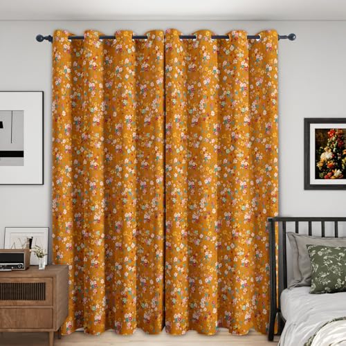 Orange Floral Curtains Blackout - Country Flower Curtains 84 Inch Length 2 Panels Set, Orange Floral Window Curtain for Bedroom, Living Room, Thermal Insulated Grommet Drapes -S322