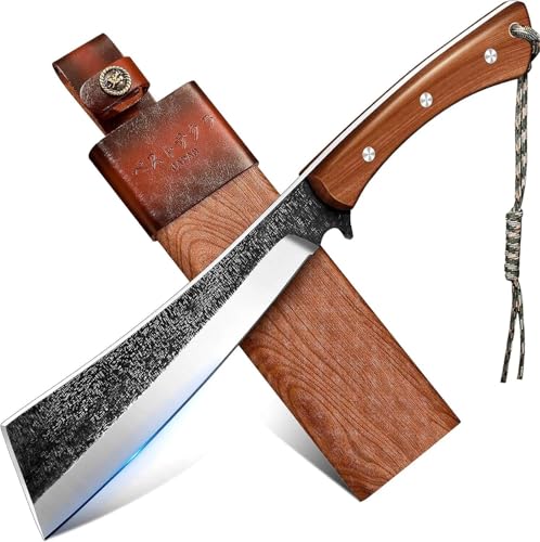 Freelander Japanese Style High Carbon Steel Machete with Red Sandalwood Ergonomic Full Tang Handle and Wood-Leather Sheath, for Camping, Hiking, Yard Work, and Survival,Christmas Gifts for Men Women