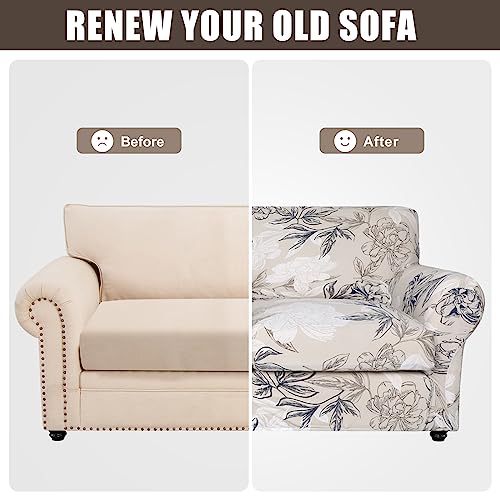 Image of SearchI Sofa Cover Couch Covers, 3 Pieces Sofa Slipcover with 2 Separate Cushion Covers Stretch Soft Furniture Protector for Living Room Couch Cover for Pets Kids(Loveseat, Beige+Flower)