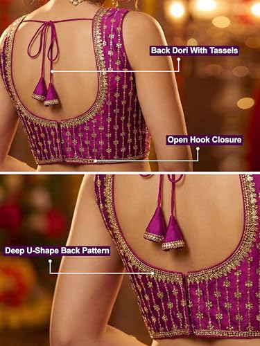 Image of TRENDMALLS Women's Dhupion Silk Embroidery Sequence Work V Neck Sleeveless Blouse Choli Stylish Saree Blouse Ready to Wear