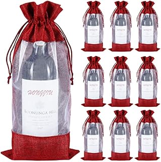 Shintop Wine Bottle Bag, 10pcs Champagne Gift Bag Drawstring Organza Hessian Wine Carrier Bags for Birthday Wedding Festival Wine Tasting Party Favors(Red, 14 x 6 1/4 inches)