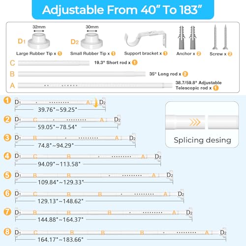 Image of MEXAU White Tension Curtain Rod 40-183 Inch Long Tension Rod 1.26 inch Spring Tension Curtain Rod Adjustable Curtain Rods No Drilling Tension Shower Rod Curtain Tension Rod for Bathroom Windows Doorways