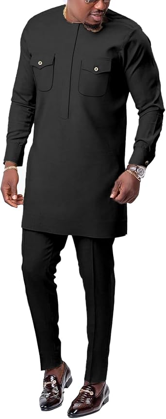 Men African Outfits 2 Piece Set Shirt Pants Nigerian Dashiki Suit Attire Clothing