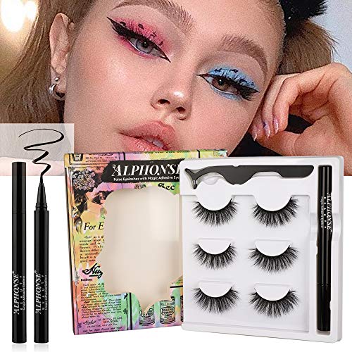 3D False Eyelashes 17MM Faux Mink Lashes Fluffy Volume Fake Eyelashes Pack ALPHONSE 3 Pairs Eye Lashes with 2-In-1 Eyeliner and Tweezers