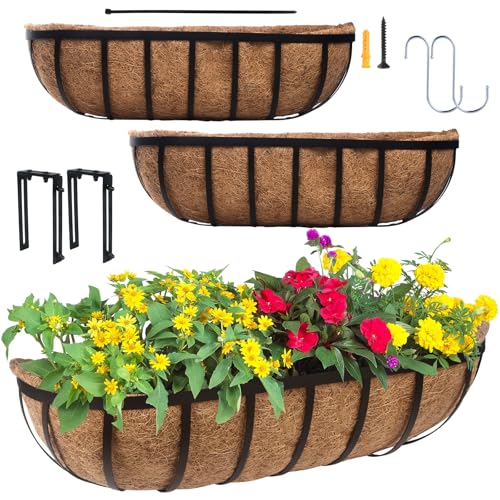 Image of DUNCHATY 24 Inch Railing Planter 3 Pack - Adjustable Metal Window Box Planter with Coco Liner for Deck Balcony Porch Fence - Outdoor Hanging Flower Basket for Herbs & Flowers