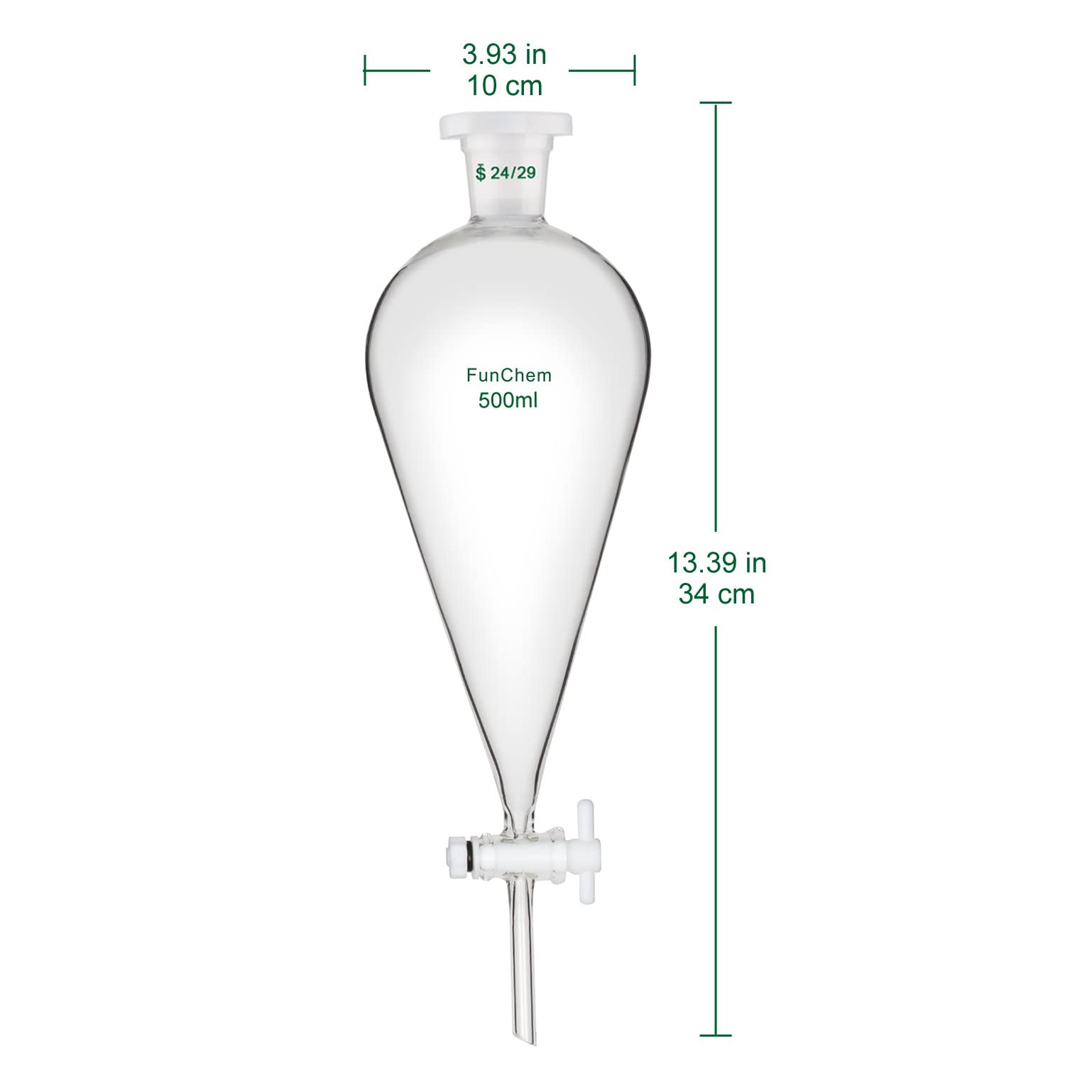 FunChem Imbuto Separatore Conico 500 ml con Giunti 24/29 e Rubinetto in PTFE, Imbuto in Vetro Borosilicato Design a Parete Spessa
