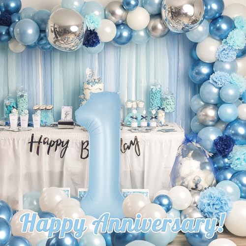 Image of Light Blue Number 1 Balloon, 40 Inch Big Large Foil Number Balloons, Giant Mylar Number 1 Balloons for 1st First Birthday Baby Party Decorations Supplies Anniversary