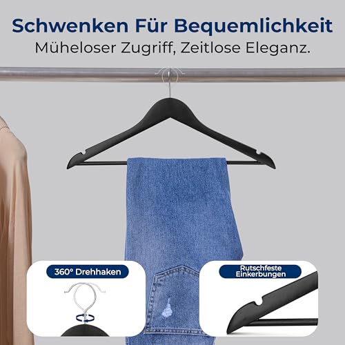SereneLife Kleiderbügel Holz, 60 Stück- Holzbügel, Robuste & rutschfeste Hangers- 1,2cm dick, 360° drehbarer Haken, Einkerbungen im Schulterbereich, Ideal für Anzüge, Jacken & Mäntel, Schwarz