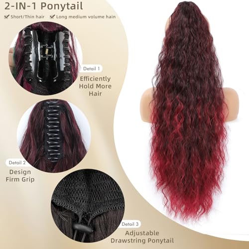 Image of Claw Clip Ponytail Extension, Ombre Burgundy, 30In