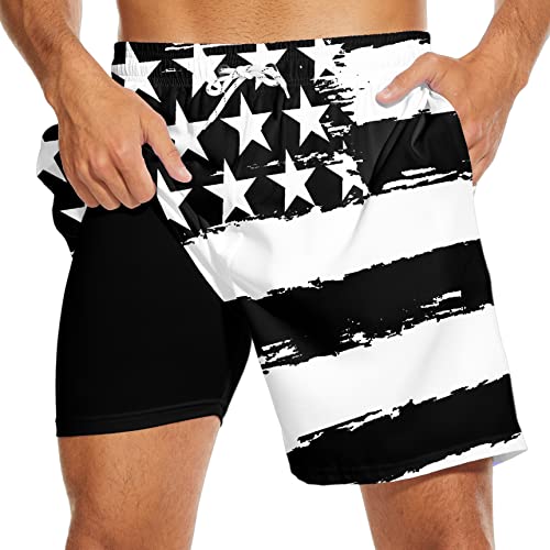 Partrest American Flag Men's Swim Trunks with Compression Liner USA Flag Swimming Trunks Board Shorts with Pocket Swim Shorts