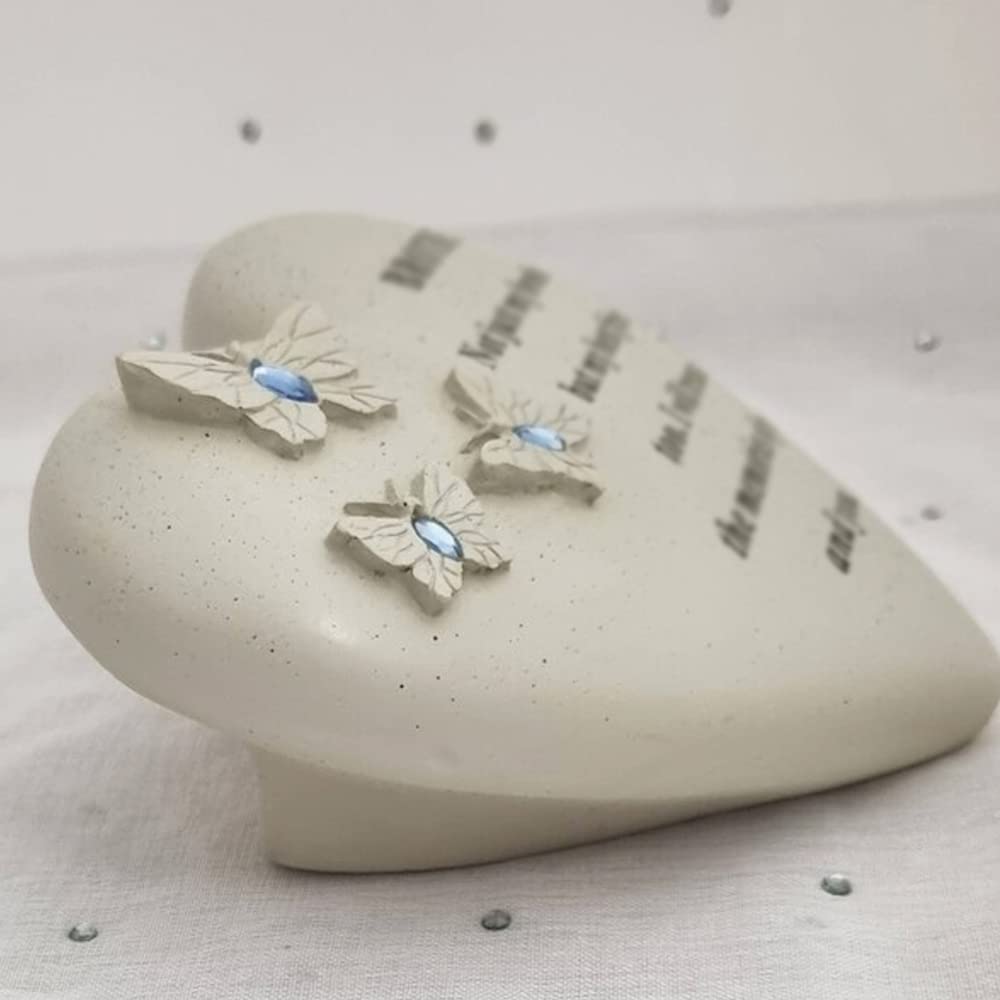 Plaque Funéraire Personnalisée Avec Cœur Avec 3 Papillons Et Pierres Bleues | Cadeau De Décoration Pour Tombe Dans La Mémoire De Vos Proches Décédés