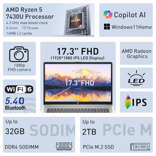 Image of HP 17.3 inch FHD IPS LED Anti-Glare 300 nits Laptop, AMD Ryzen 5 7430U 6-core CPU, 16GB RAM, 1TB Storage, Webcam w /Shutter, Microsoft Copilot Key, Wi-Fi 6, BT 5.4, Win11 Home, 17-cp3000