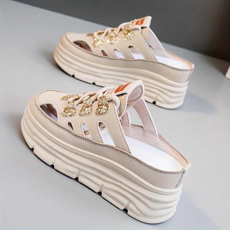 Women's Fashion Chunky Platform Sandals, Summer Hollow-Out Increased Height Casual Shoes, Breathable Faux Leather Slip-On Sneakers2