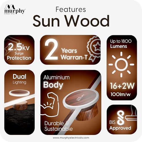Image of Murphy 16W+2W LED Mirror Light | 3 Color Changing (White /Warm /Natural) | Wooden Finish - Sun Design, Modern Over Mirror Bathroom /Dressing Table Light | Pack of 2 | 2-Year Warranty