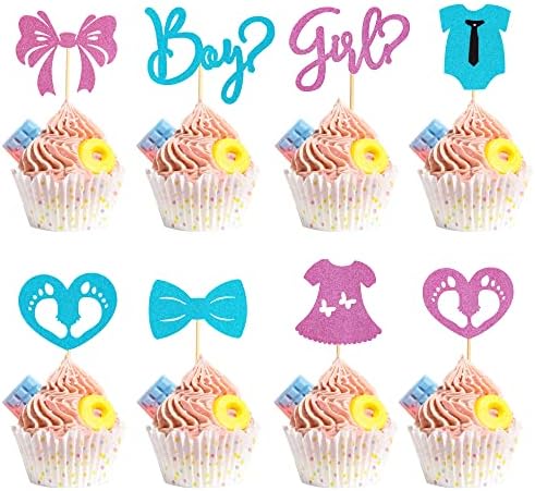 Arthsdite 24Pcs Boy or Girl Cupcake Toppers Glitter Baby Shower Cupcake Picks Bow Tie Onesie Footprint Jumpsuit Cake Topper Decorations for Gender Reveal Theme Baby Shower Kids Birthday Party Supply