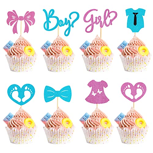 Arthsdite 24Pcs Boy Or Girl Cupcake Toppers Glitter Baby Shower Cupcake Picks Bow Tie Onesie Footprint Jumpsuit Cake Topper Decorations For Gender Reveal Theme Baby Shower Kids Birthday Party Supply #TOP8