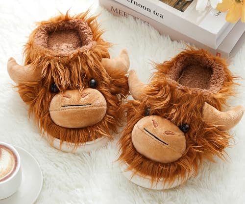 Highland Cow Slippers for Women Men Plush Animal Slippers with Cotton Scottish Socks4