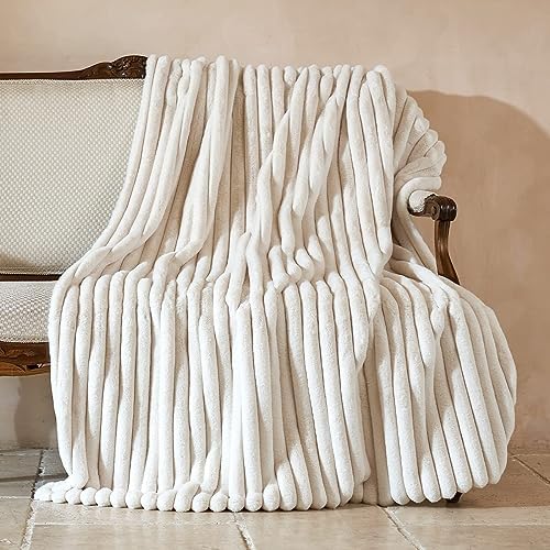 Amélie Home Soft Faux Fur Throw Blanket for Couch, Warm Luxurious Faux Rabbit Fur Striped Throw Blanket, Cozy Fluffy Plush Fur Blanket for Sofa Chair Bed Living Room, Cream White, 50"x 70"