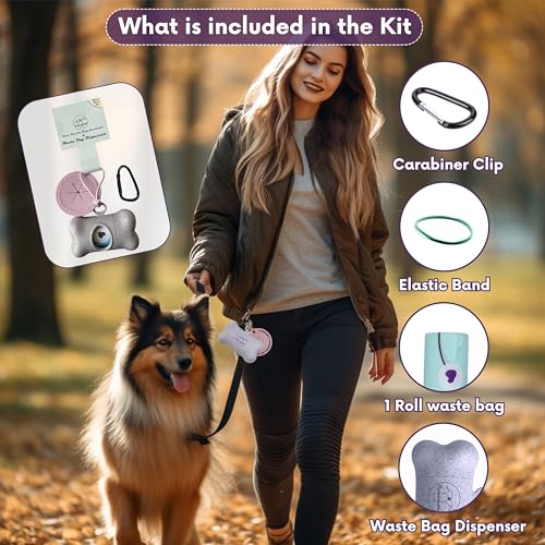 Image of Complete Earth-Conscious Dog Waste Kit: Wheat Straw Waste Bag Dispenser with one corn starch 15-bag waste bag roll, Carabiner, Elastic Band for Secure Leash Attachment, Leak-Proof (Beige)