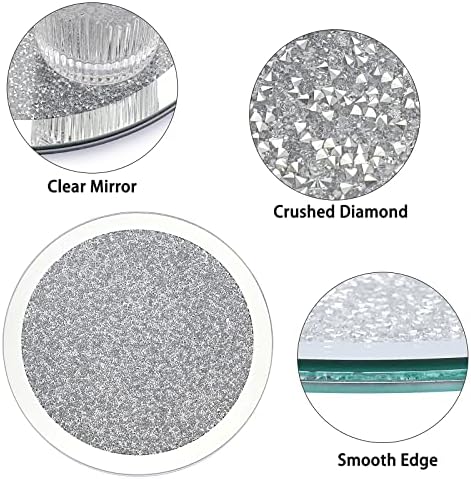 BTSKY 2 Pcs 25*25cm Coaster Serving Mats - Glass Mirrored with Crushed Diamonds Coffee/Tea Cups Coaster, Silver Placemats, Large Size Coaster, Round