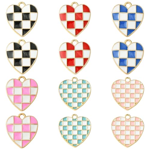 MakemadeDIY 24 PCS Checkered Heart Alloy Enamel Pendant Charms for Jewelry Making Colorful Heart Pendants Charms for DIY Bracelets Necklaces Earrings Crafts